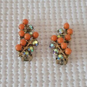 Gold Tone Clustered Floral Iridescent Rhinestone Coral Bead Clip On Earrings
